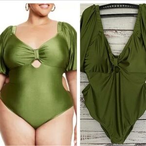 NWT Fe Noel Metallic Puff Sleeve Cut Out Medium Coverage One Piece Swimsuit